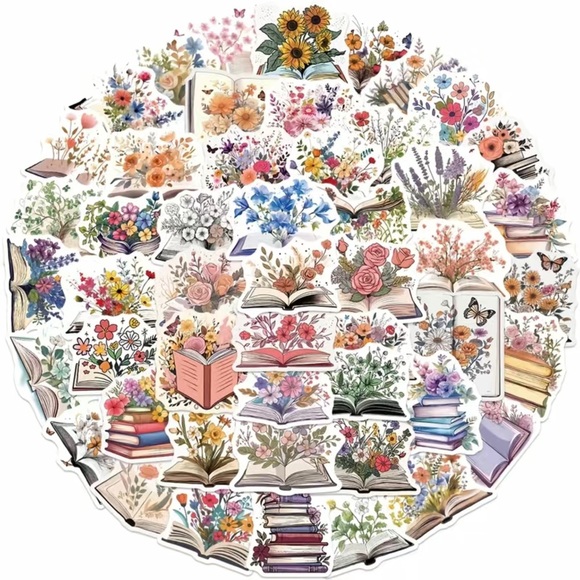 Reading In The Spring, Books Overflowing With Flowers, 50 Decal Stickers - Picture 2 of 15